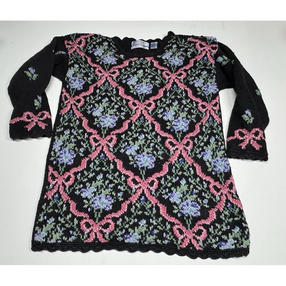VINTAGE NORTHERN ISLES HAND KNIT‎ SIZE XL Floral Bouquet Bows Sweater Grandma